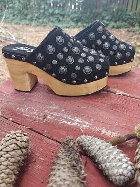 Free People Black Stud-Embellished Clog with Natural Wood Platform